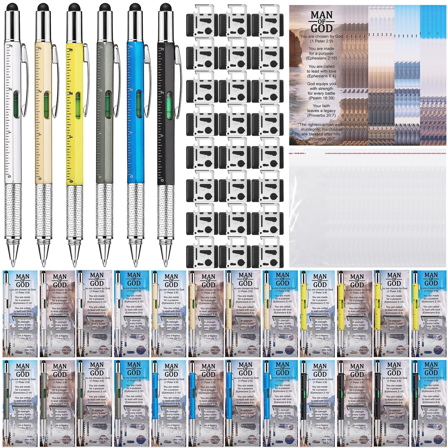 24 Sets 6 in 1 Multi Tool Pen Credit Card Tool Father Day Man of God Gift Christian Church Gifts for Men Bulk Bible Verse Bookmarks Screwdriver Pen Multi Tool Pens for Christian Father Coworker