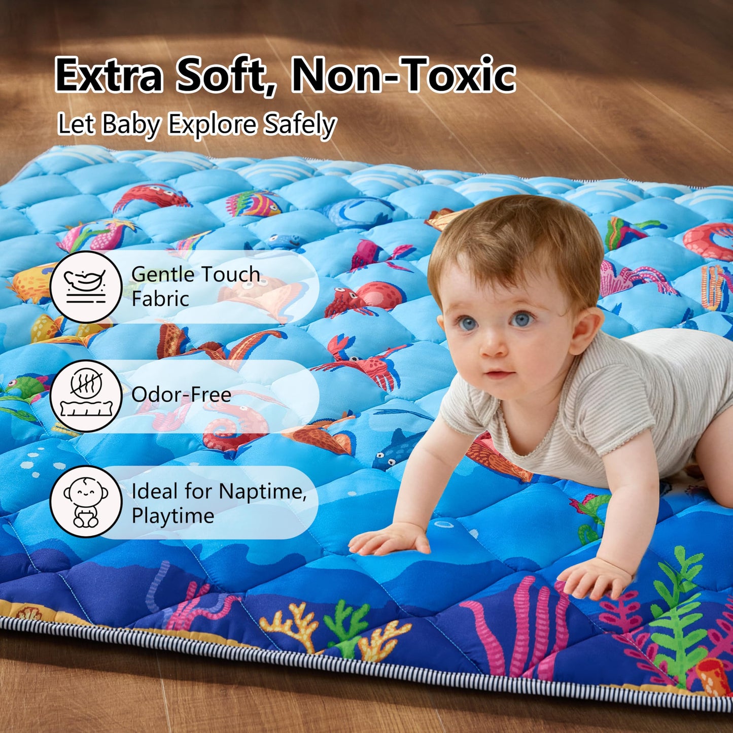 Baby Play Mat for Floor - MORAIS 50x50 Inch with 800g Filling Thickened Crawling Mat for Playpen, Cushioned Playpen Mat with Anti-Slip Bottom and Animal Alphabet (Ocean Adventure)