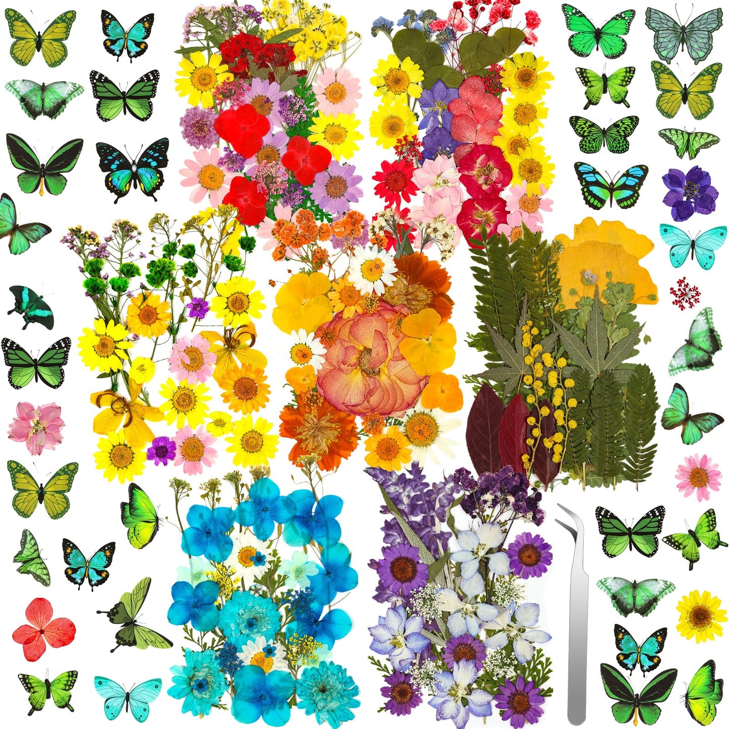231 PCS Pressed Flowers Bulk for Resin Crafts, Dried Pressed Flowers Butterfly Stickers with Tweezers Real Natural Dry Wildflowers for Resin Molds DIY Art Candle Phone Cases Bookmark Jewelry Making