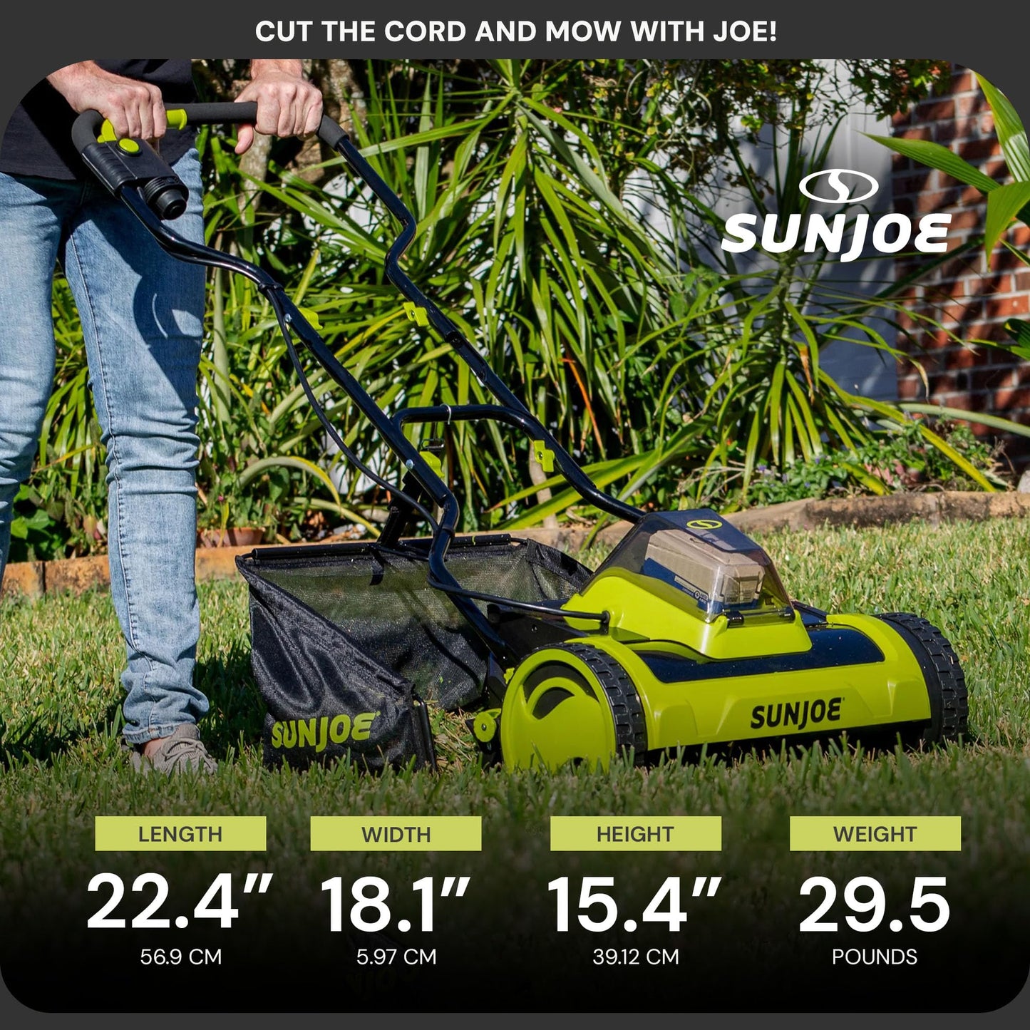 Sun Joe Cordless Electric Push Lawn Mower with 11.9-Gal Bag, 15-Inch Cutting Width, 360W Motor - Heavy-Duty Yard Trimmer for Gardening Care and Maintenance, IONMAX 24V-CRLM15