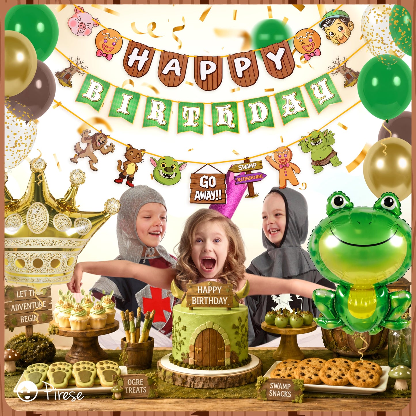 Pirese Ogre Birthday Decorations, Swamp Birthday Party Decorations Kit with Pre-Strung Happy Birthday Banner, Frog & Crown Foil Balloons, Latex and Confetti Balloons, Ogre Party Supplies