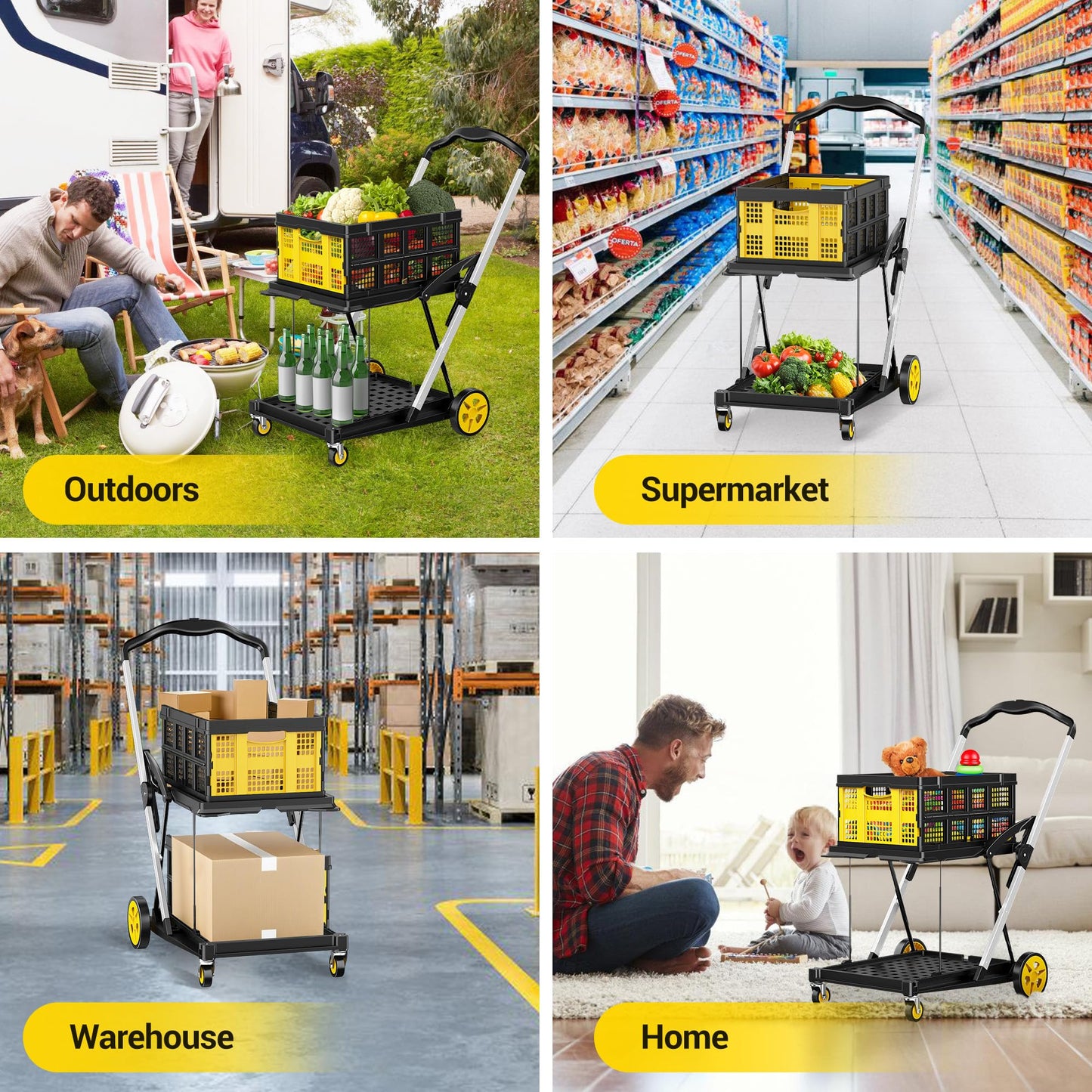 Collapsible Shopping Cart, 8-in-1 200LBS Multi Functional Utility Cart with 1 Storage Crate, Adjustable Handle Grocery Cart on Wheels for Shopping/Warehouse/Office/Supermarket - Yellow