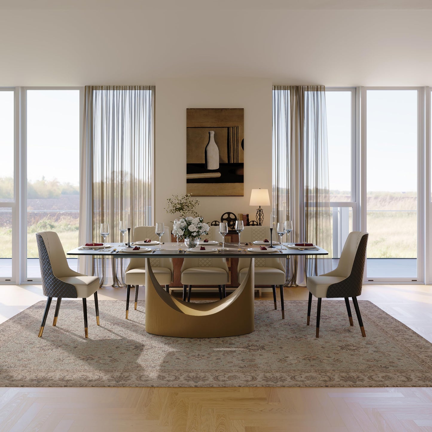 POVISON 94" Modern Dining Table for 8-10, Matte Black Dining Table, Sintered Stone Dining Tabletop with Bronze Carbon Steel Pedestal,Rectangle Dining Room Table (Table Only)
