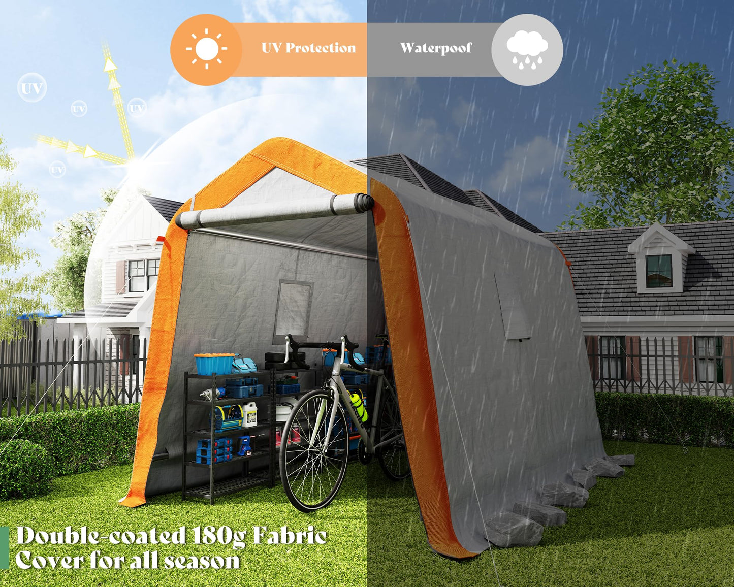 AMERLIFE 6x8x6.6 FT Heavy Duty Portable Shed Storage Shelter, Outdoor Storage Shed with 2 Waterproof Windows & Roll-Up Zipper Door, Carport for Motorcycle, Bike, Gray