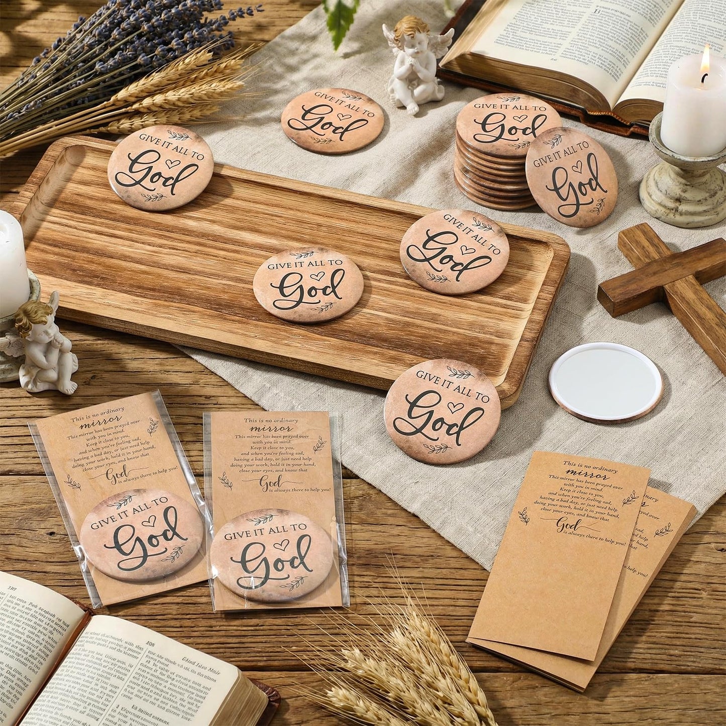 Landical 25 Sets Christian Gifts for Women Bulk Pocket Mirrors with Cards Bags for Mothers Day Stuffers Church Party Favors Religious Gift Bag Fillers, Give It All to God