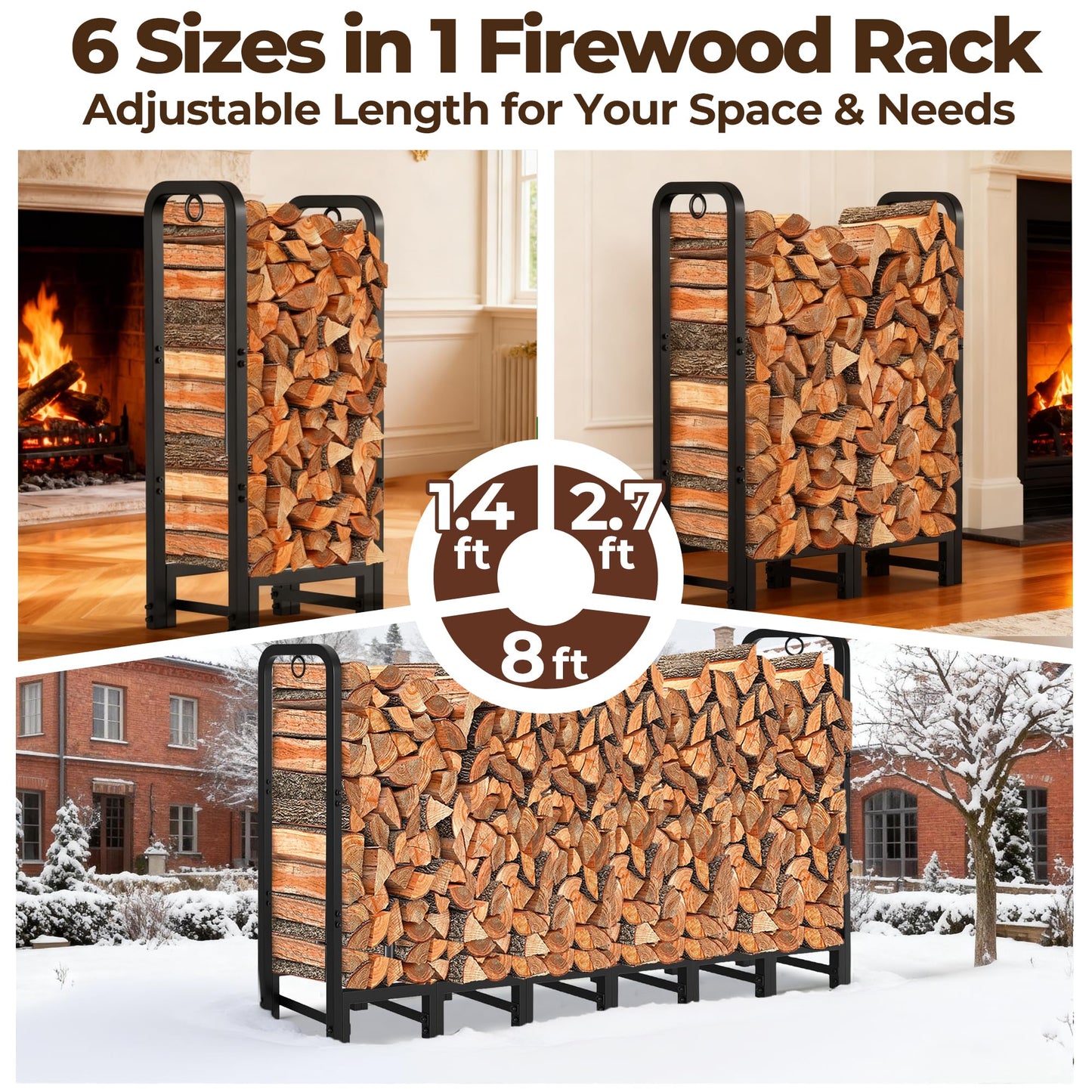 Amagabeli 8ft Firewood Log Rack Outdoor Heavy Duty Logs Holder for Fireplace Indoor Outdoor Adjustable Wood Racks for Fire Wood Holder Metal Pile Stand Storage Stacker Organizer Black