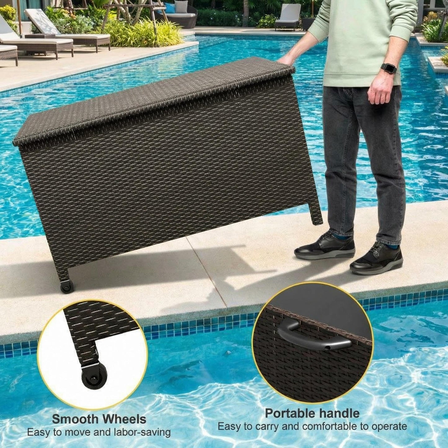 GarveeHome 185 Gallon Wicker Deck Box, All-Weather Outdoor Storage Bin with Rattan Finish, Large Capacity for Patio Furniture, Cushions, Pool Supplies & Garden Tools