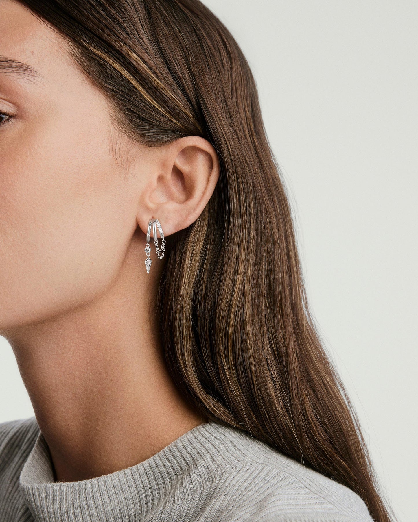 Freekiss Silver 3 Hoop Illusion Huggie Earrings for Women, Dainty Dangle Drop Chain Stud Earrings with Zircon, Sterling Silver Plated Hypoallergenic Women Jewelry Trendy