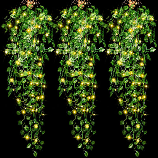 3 Packs LED Artificial Hanging Plants, 3.6 ft Fake Hanging Plant, Ivy Vine Fake Leaves Greeny Chain Wall Home Room Garden Wedding Garland Outside Decor (Basket Not Included) (Watermelon Leaves Style)