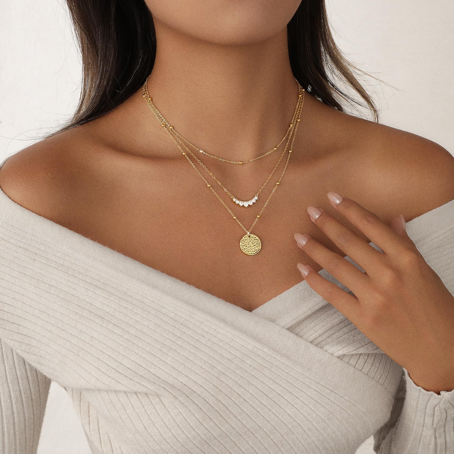 Hothrty Layered Gold Necklaces for Women Trendy Dainty Necklace Stack Coin Simple Circle Cubic Zirconia Pendant Bead Necklaces Set Gold Necklace Jewelry for Women