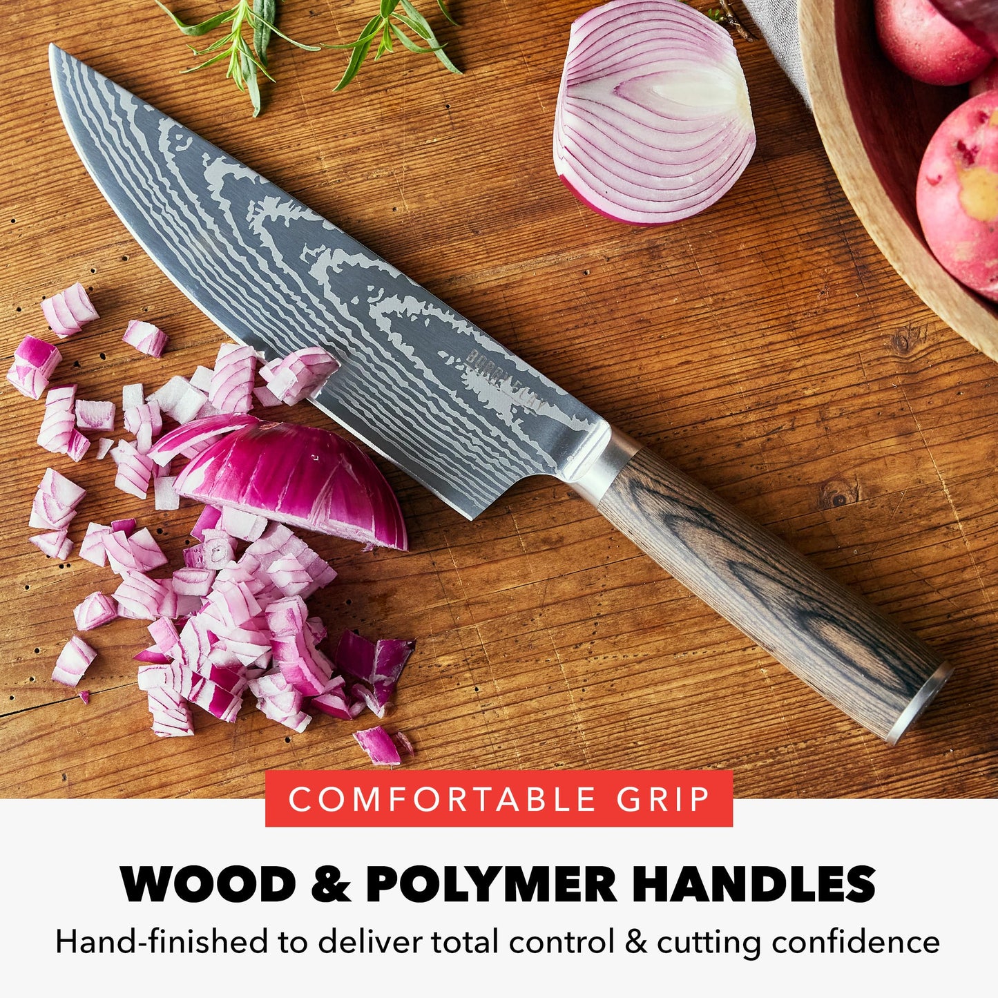 GreenPan x Bobby Flay 13 Piece Stainless Steel Cutlery Kitchen Knife Block Set, Premium Stainless Steel Blades, Acacia Wood Knife Block, Hand Finished Ergonomic Wood Handle, Damascus Steel Design