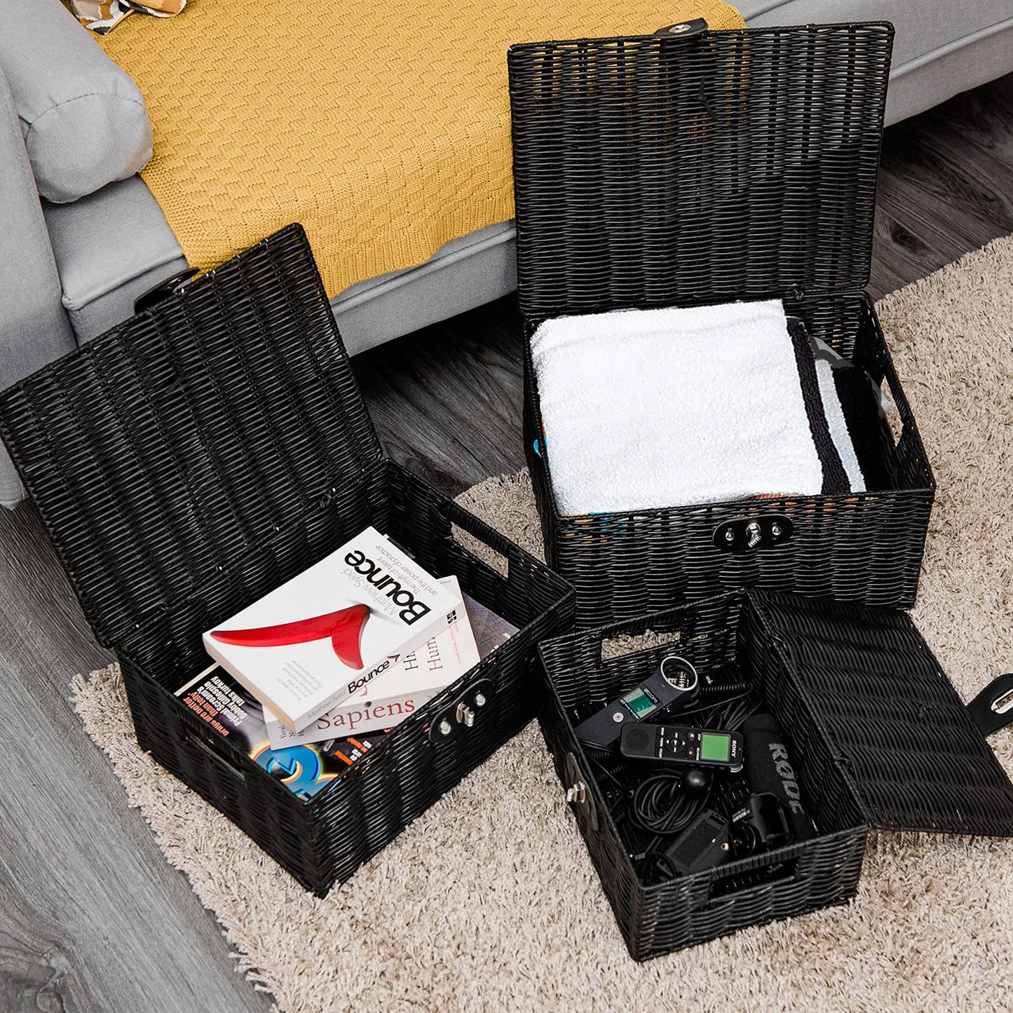 Homepeaz Set of 3 Woven Wicker Storage Basket Box with Lids & Lock, Built-in Carry Handles, Multifunctional Storage Organizer for Nursery, Baby, Clothes, Toys, Books, Large/Medium/Small Size (Black)