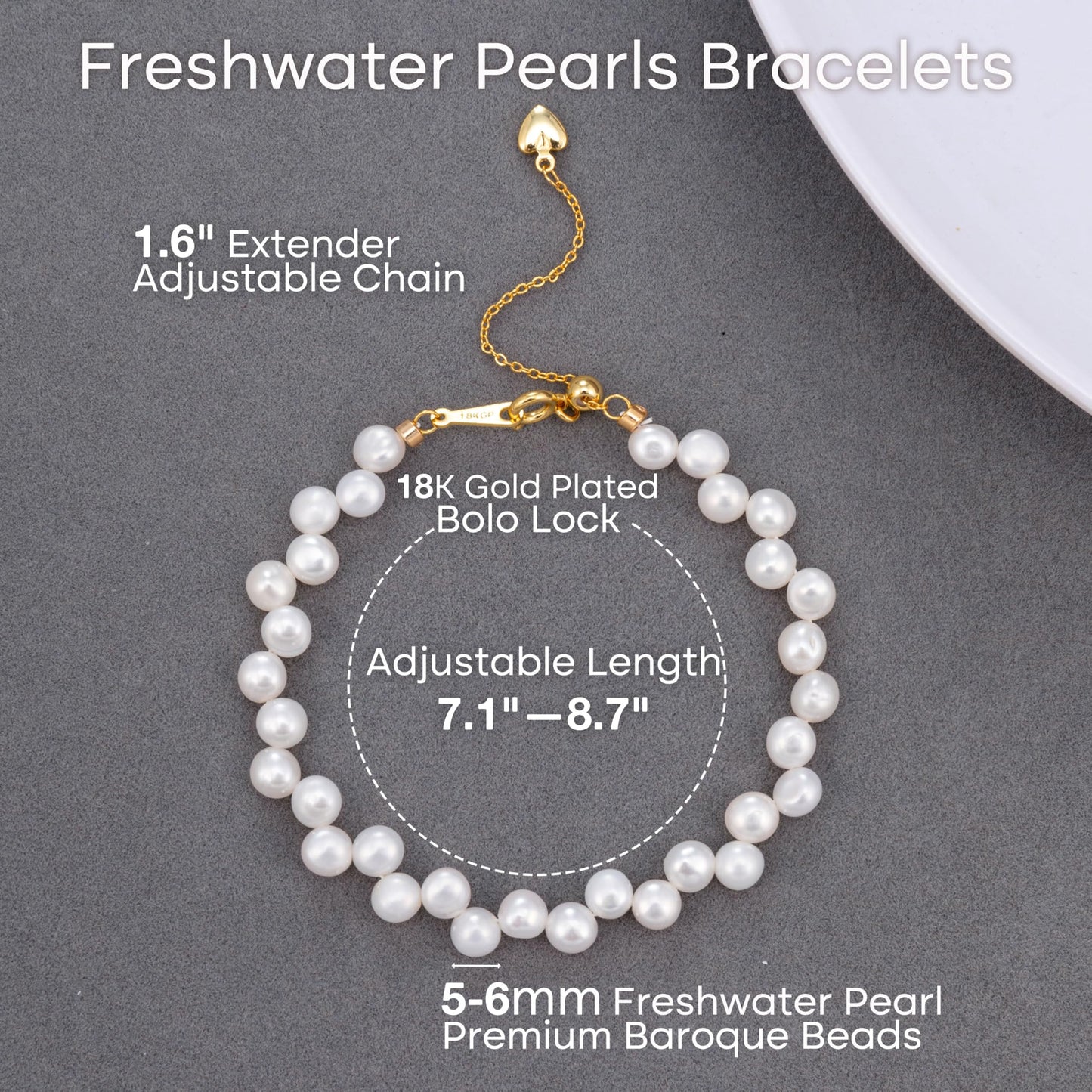 Pearl Bracelets for Women Charm Dainty Freshwater Baroque Pearls Strand Bracelets with Adjustable 18K Gold Plated Link Trendy Jewelry Gifts for Women(Side-Drilled, 5-6mm, 18K GP Bolo Lock)