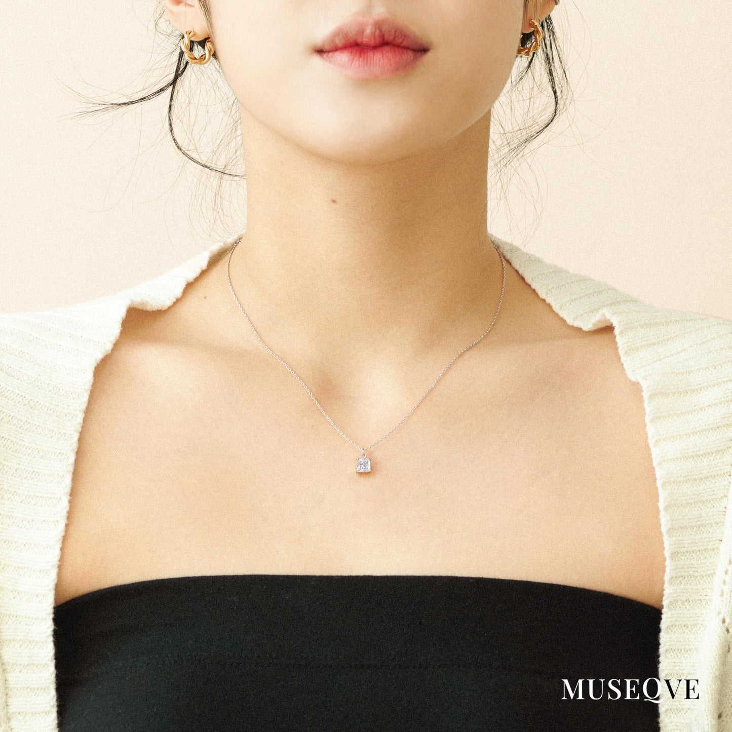 14K Gold Plated CZ Solitaire Necklace for Women • Princess Cut Square Rectangle Rhombus Cubic Zirconia Diamond Pendant Jewelry • Tarnish Free Adjustable Chain [CZN] (Rose Gift Box, Princess-Silver)