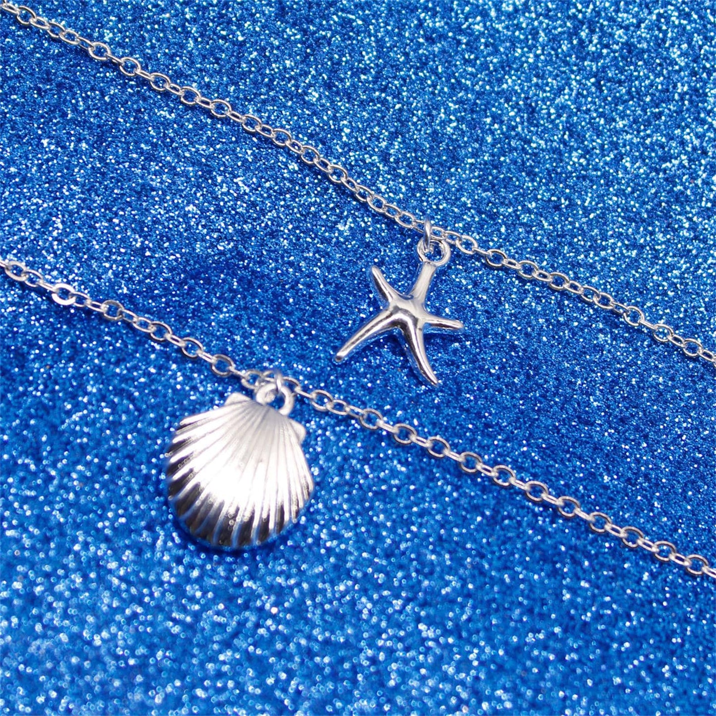 Boho Starfish Seashell Layered Necklace Gold Silver Plated Dainty Charm Double Layer Sea Shell Lucky Stars Ocean Animal Chain Necklace for Women Hawaiian Summer Beach Vacation Jewelry Gifts (Silver)