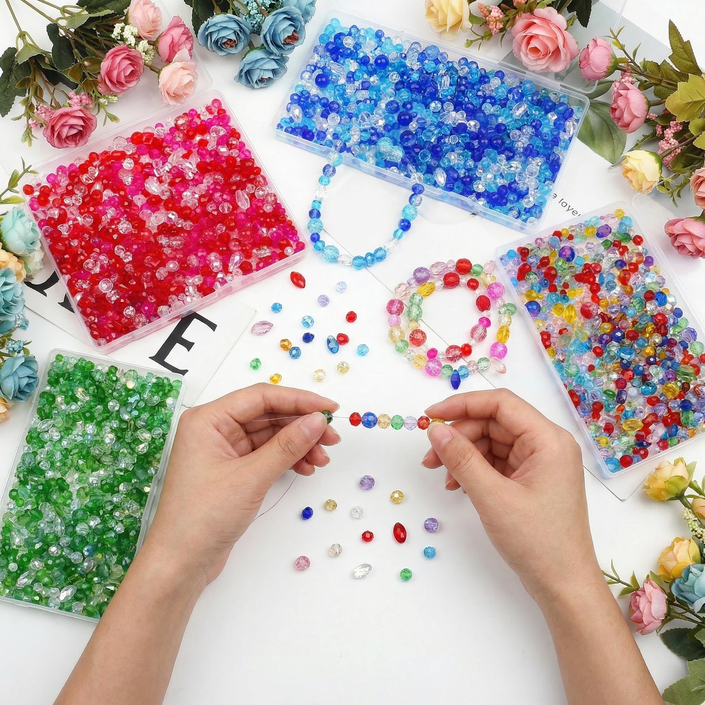 NUKAYAI 1200 Pcs Crystal Glass Beads for Jewelry Making – 13 Styles Bicone, Rondelle, Cube, Teardrop, Smooth Round, Floral and Strawberry Beads Bulk for DIY Bracelet Necklace Earring Craft Kit (Green)