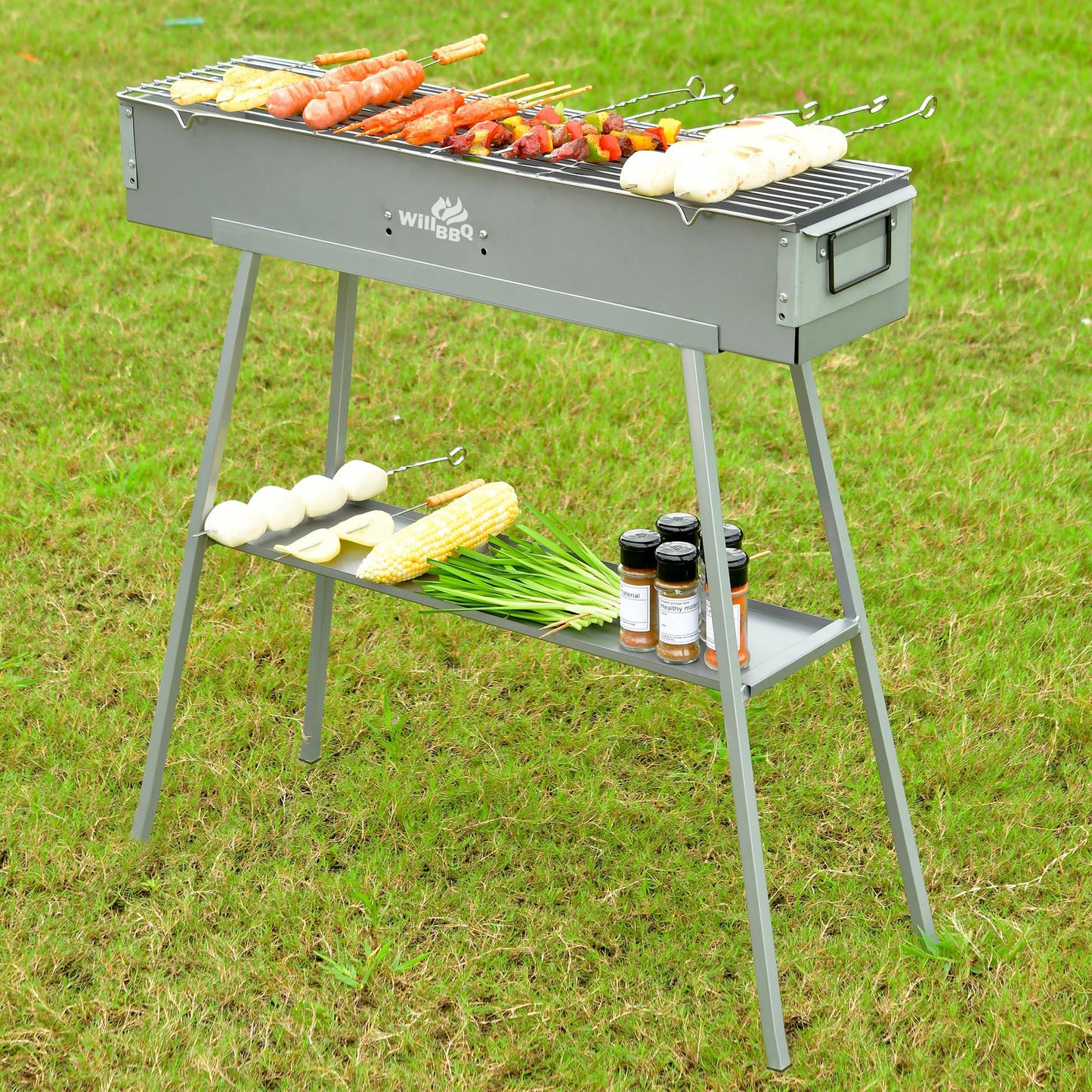 WILLBBQ Charcoal Grills Commercial Quality Portable Hibachi BBQ Lamb Skewer Detachable‌ Camping Barbecue Grill for Backyard Outdoor Cooking Use(31.6x7.1x5.1 inch)