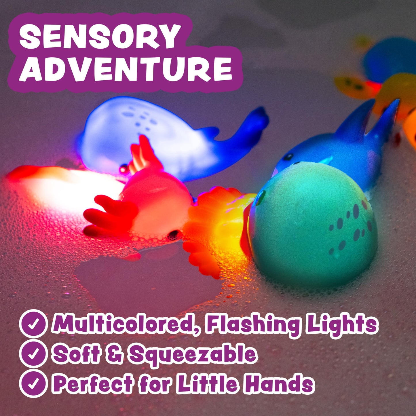 Tub Works® Under the Sea™ Light Up Bath Toys, 6 Pack | Water-Activated Light Up Toys Flash & Change Color | Easy-Grip Baby & Toddler Bath Toys | Sensory Bathtub Toys with Bath Lights for Kids Bath