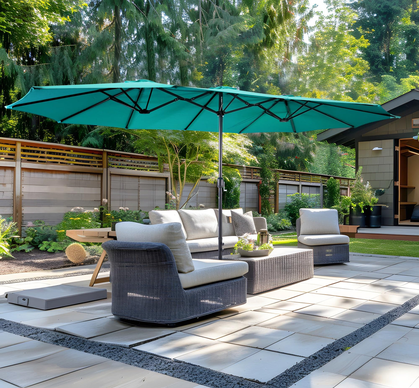 Bigroof 15ft Patio Umbrella with Base, Large Outdoor Double-Sided Market Umbrella with Terylene Polyester Fabric and Crank for Poolside Garden Deck Backyard Beach Pools (Turquoise)