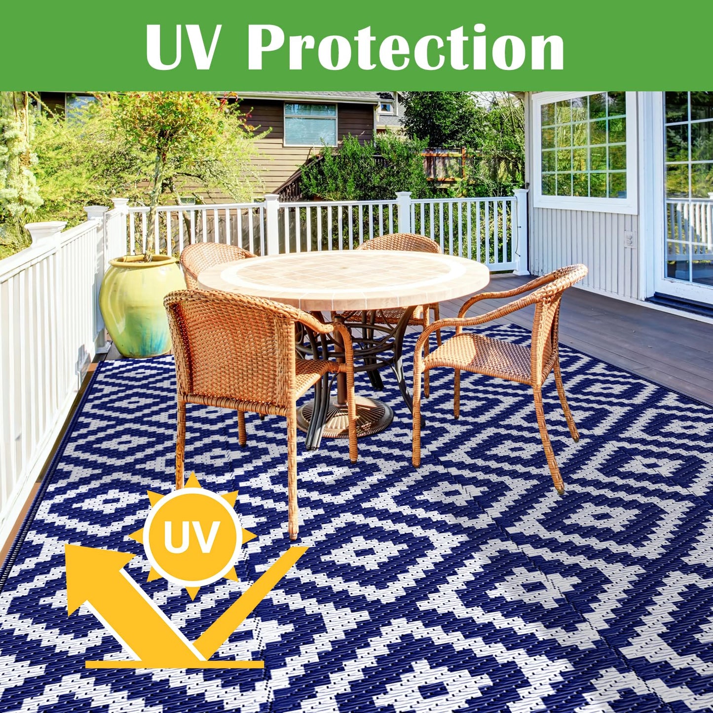Mattitude Waterproof Outdoor Rug 6x9 Ft Outdoor Plastic Straw Rug Reversible Patio Rug Large Outdoor Carpet Area Rug for Patio Backyard Picnic Beach Camping RV Blue