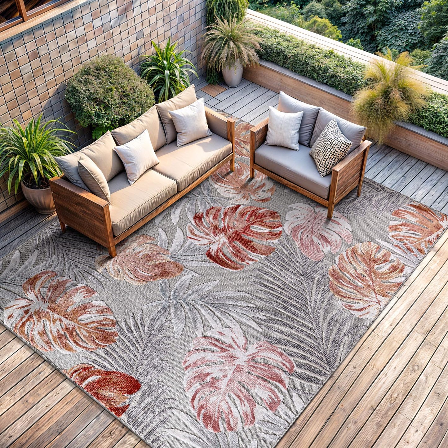 CAMILSON Indoor Outdoor Rug, Multi 7’10”x10’ Leaf Tropical Botanical Area Rugs for Indoor and Outdoor patios, Easy-Cleaning Non-Shedding Living Room, Garden and Kitchen Washable Outside Carpet (8x10)