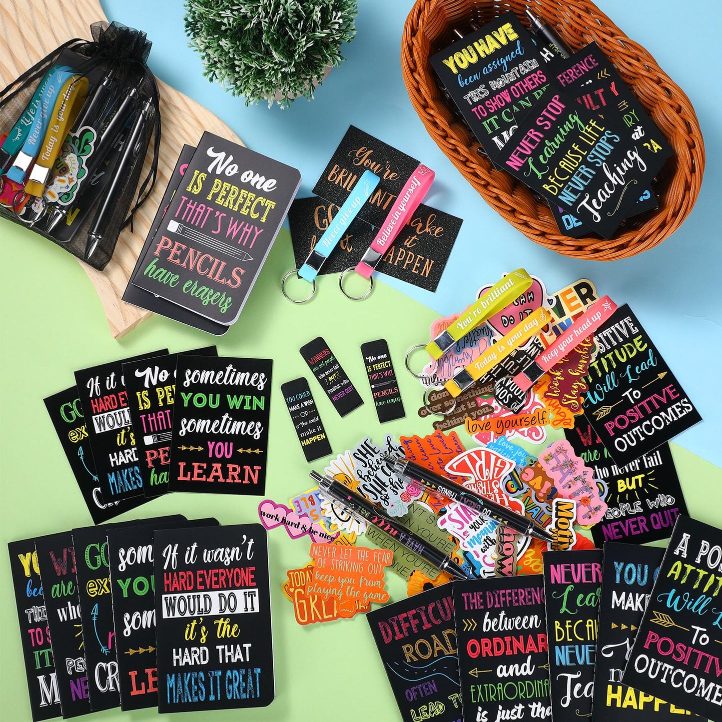 Pasimy 218 Pcs Inspirational Stationery Gifts Motivational Mini Notepad Pen Quote Bookmarks Stress Relief Stickers Inspiring Silicone Keychains for Home Office Appreciation Gift(Dark)
