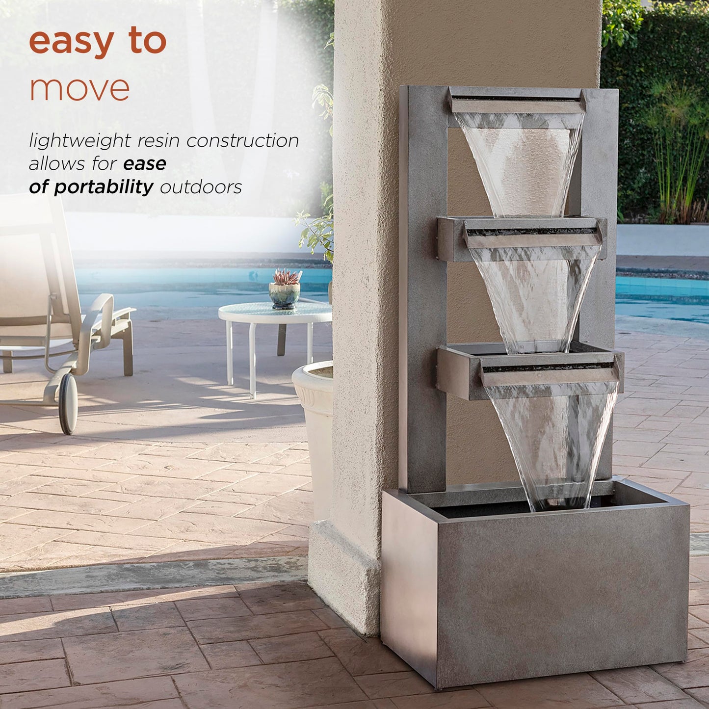 Alpine Corporation 43" Tall Multi-Tier Waterfall Fountain - Industrial Style Water Feature for Garden, Patio, Yard, Backyard, Relaxing Water Flow, and Serene Landscaping, Gray