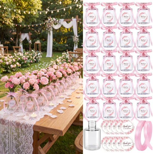 30 Set 4.33'' Wedding Party Favors Plastic Plant Propagation Stations for Guest Bulk 4oz Plant Propagation Jars Planter Vase with Thank You Tags Ribbons Wedding Gifts for Bridal Shower(Pink Flowers)