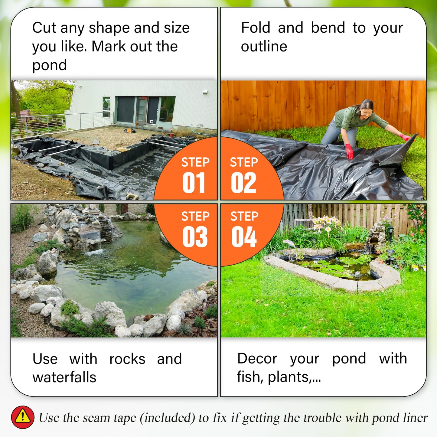 PAMAZY [Premium] 45 Mil LDPE Pond Liner with Seam Tape, 19.7 * 26.2FT Pond Lining for Fish Pond, Performed Garden Ponds, Large Pond Liner for Fishpond, Koi Pond, Waterfall, Streams