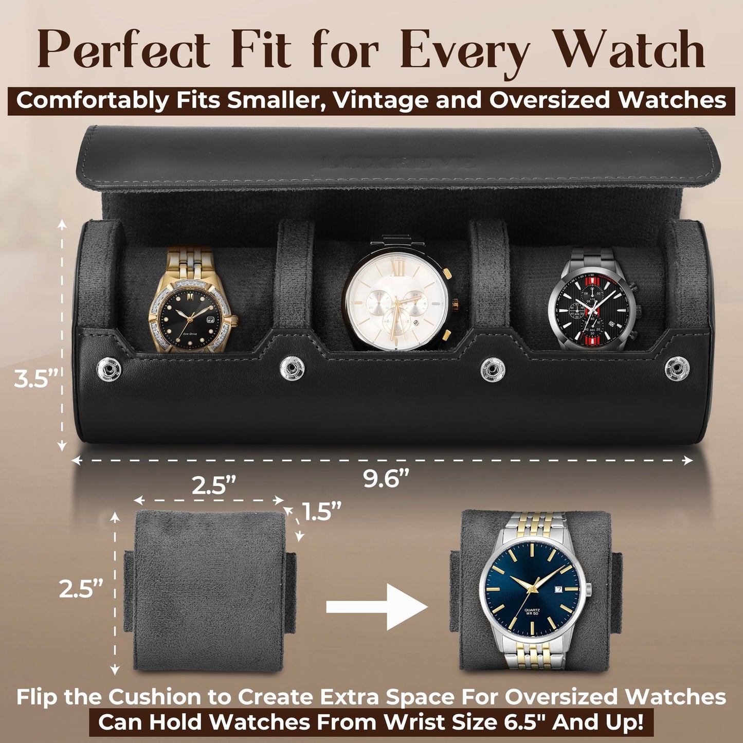 Lux Reve Travel Watch Case 3 slots - Bonus Pouch Included, Portable Watch Box & Home Storage, Gift-Ready, PU Leather Organizer, Angled Easy-Removal Cushions, Velvet Lining, Black