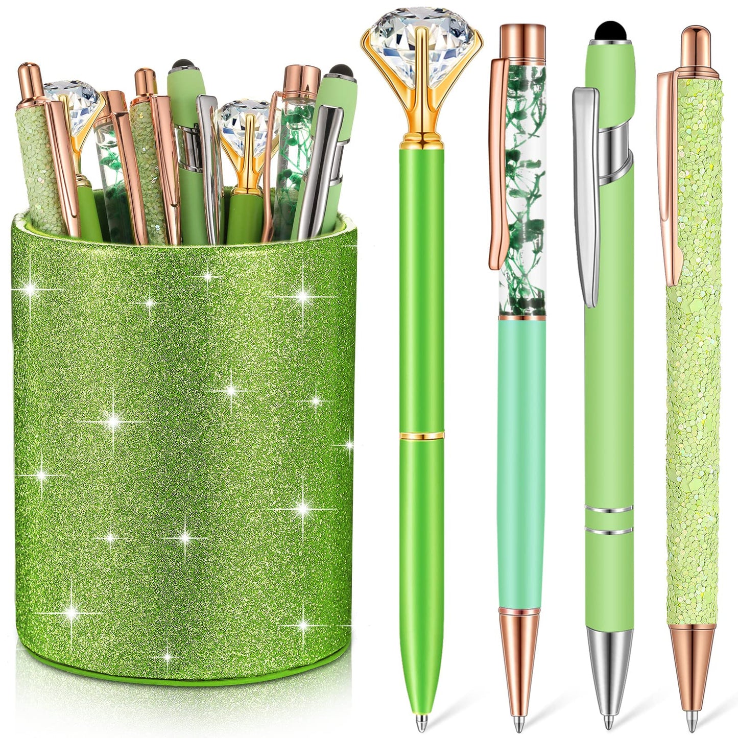 Sabary 8 Pcs Green Pens with Pen Holder for Desk Glitter Crystal Diamond Cute Ballpoint Fancy Pencil Holder Bling Desk Organizer for Women Girls School Office Supplies Wedding Graduation Gifts