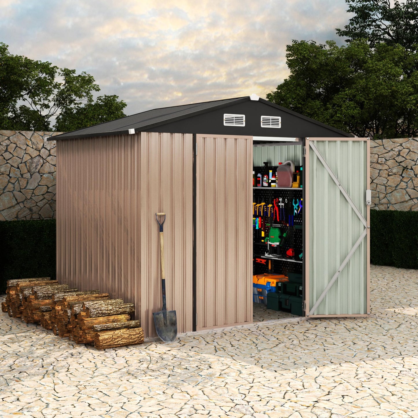 8x6ft Heavy Duty Outdoor Storage Shed, Metal Tool Shelter with Lockable Doors, Air Vents, Large Weatherproof Utility Building for Backyard Patio Lawn – Wind & Rain Resistant, UV Protection