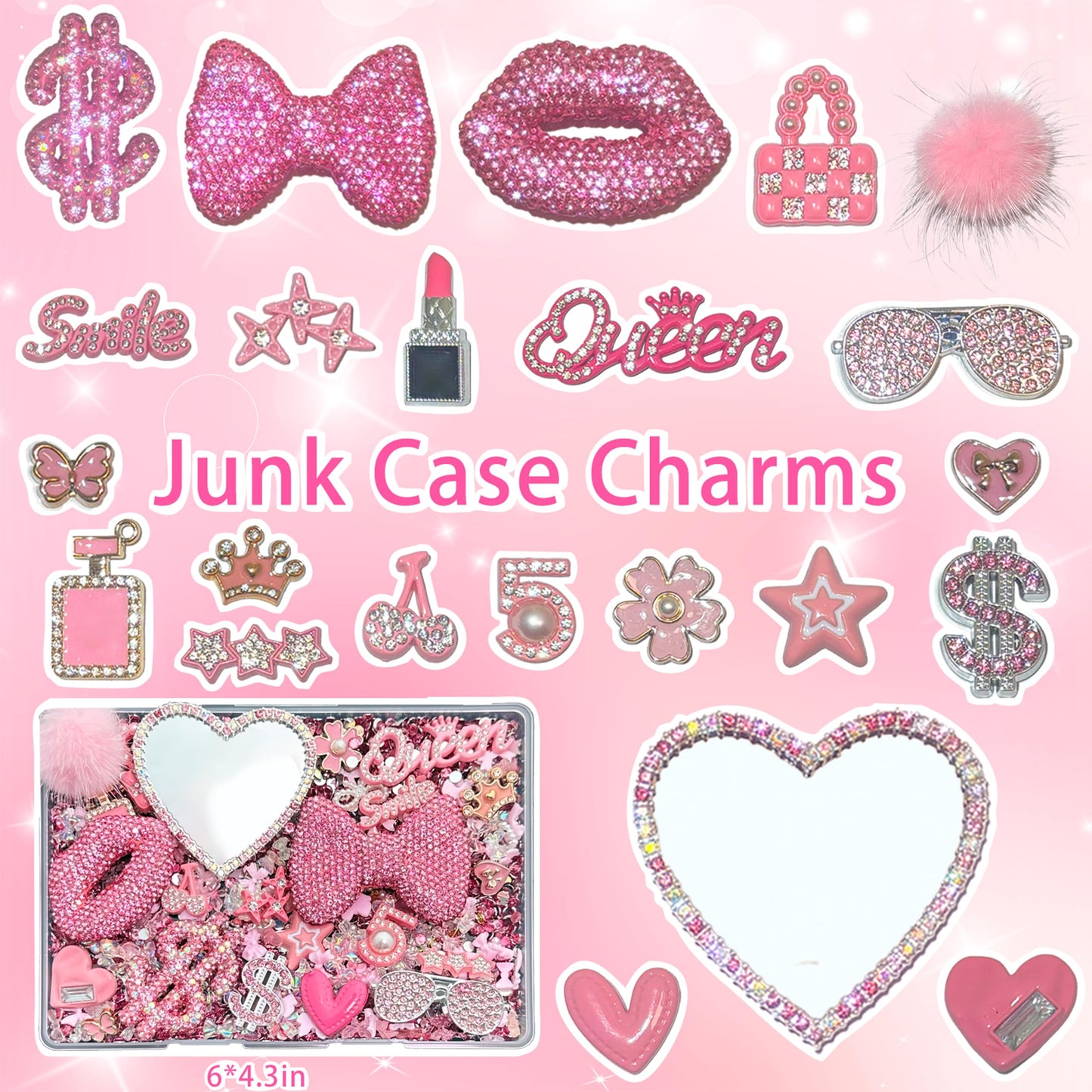 Gehaiwo Pink Junk Case Charms Kit, Junks Phone Cases with Rhinestone Accessories and Full Diamond Bow Lips Dollar Sign Pom Resin Kits Mirror with DIY Phones Decorations