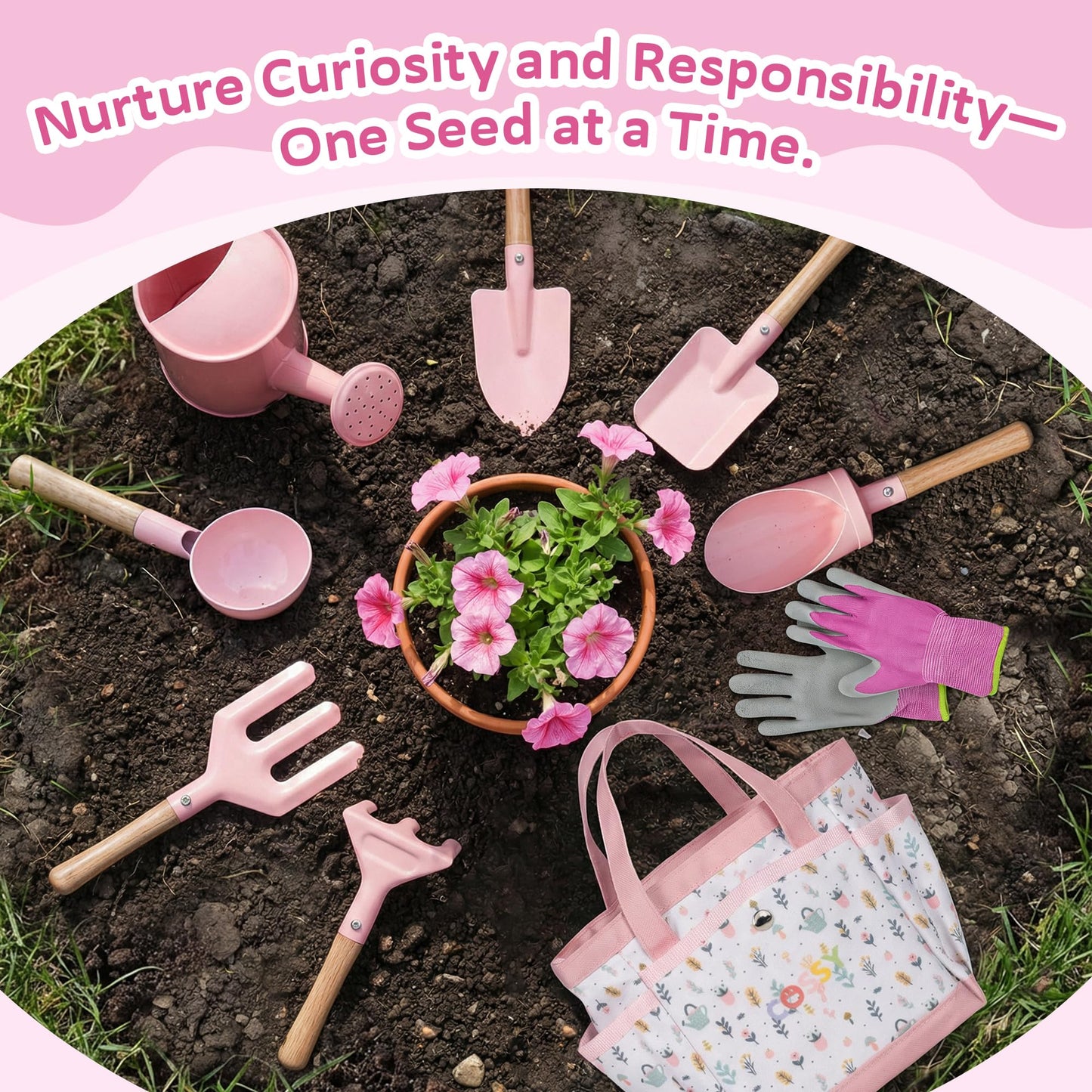 Cossy Kids Gardening Set, 13PCS Garden Tool Kit for Kids and Toddlers Boys Girls, Includes Tote Bag, Watering Can, Shovels, Rake, Kids Gardening Gloves, Apron and More, Pink