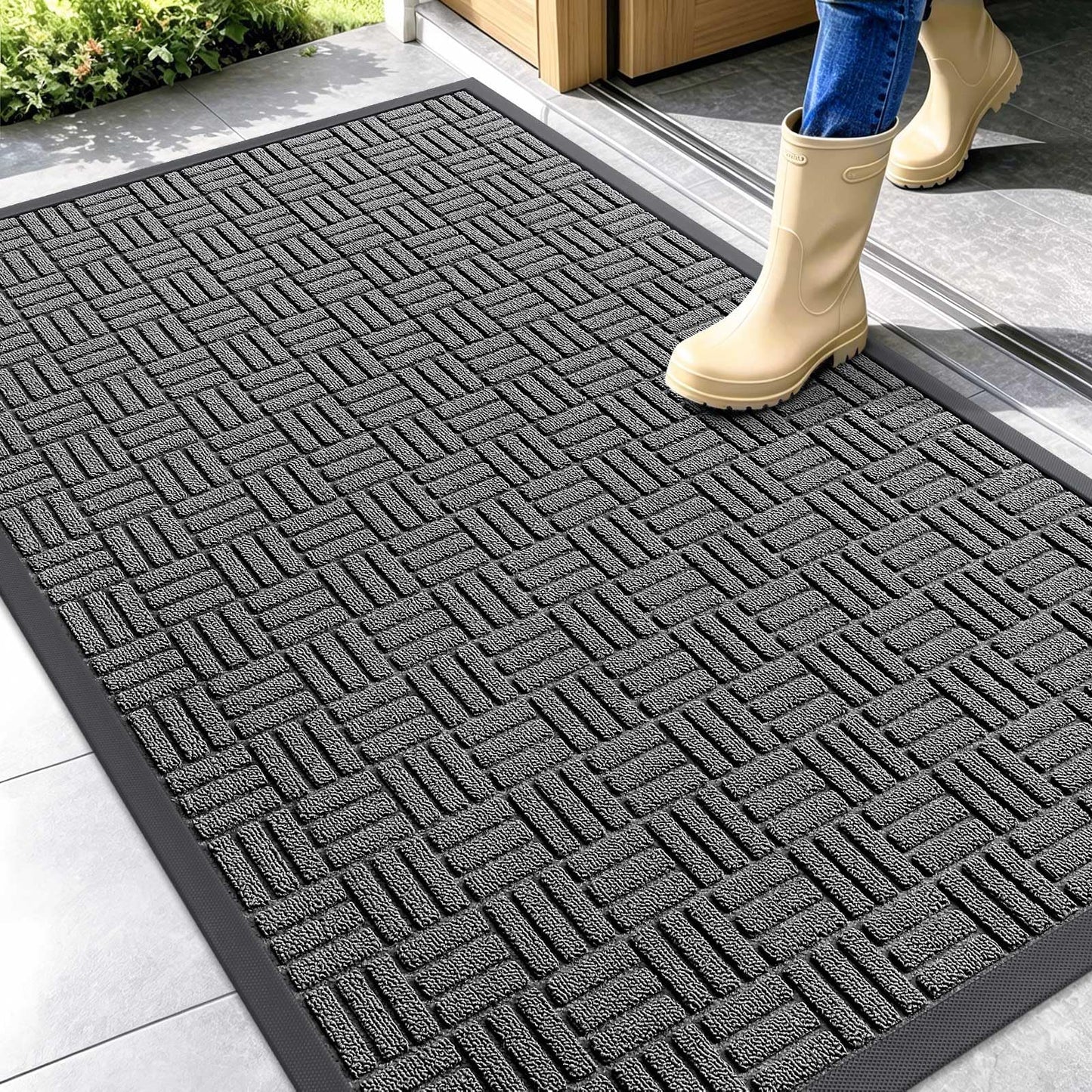 OLANLY Front Door Mat Outside Entrance 47x32, Absorbent, Heavy Duty Sturdy Natural Rubber Doormat Indoor Outdoor, Stain and Fade Resistant, Non-Slip Backing Low Profile Floor Mat for Entryway, Grey