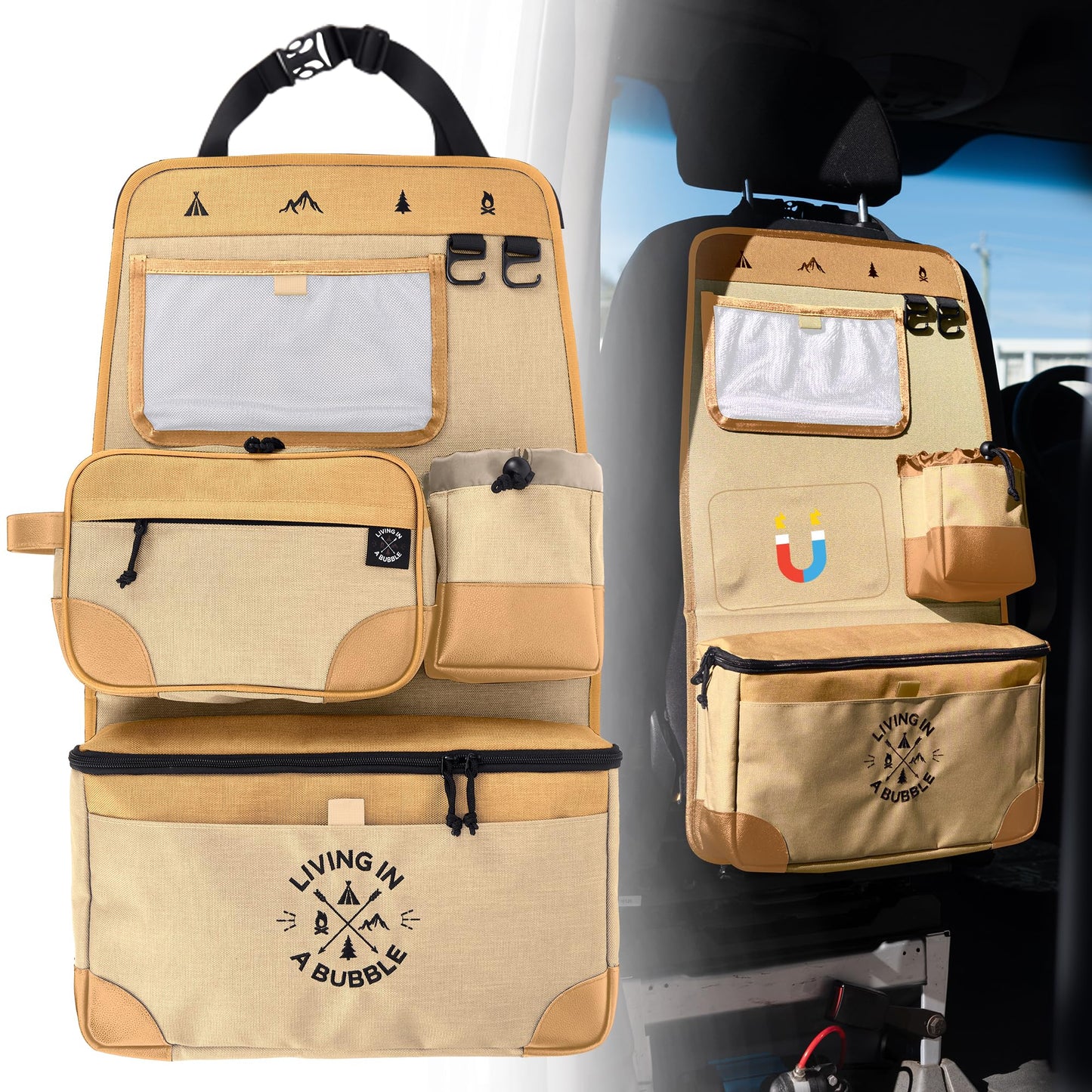 Living in a Bubble Seat back Organizer – Magnetic Toiletry and Cooler Pouch, Cordura Car Backseat Storage with Device Holder & Hooks, Multi-Compartment Utility Bag for Campervans & Family Travel