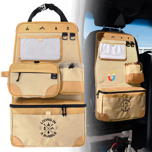 Living in a Bubble Seat back Organizer – Magnetic Toiletry and Cooler Pouch, Cordura Car Backseat Storage with Device Holder & Hooks, Multi-Compartment Utility Bag for Campervans & Family Travel