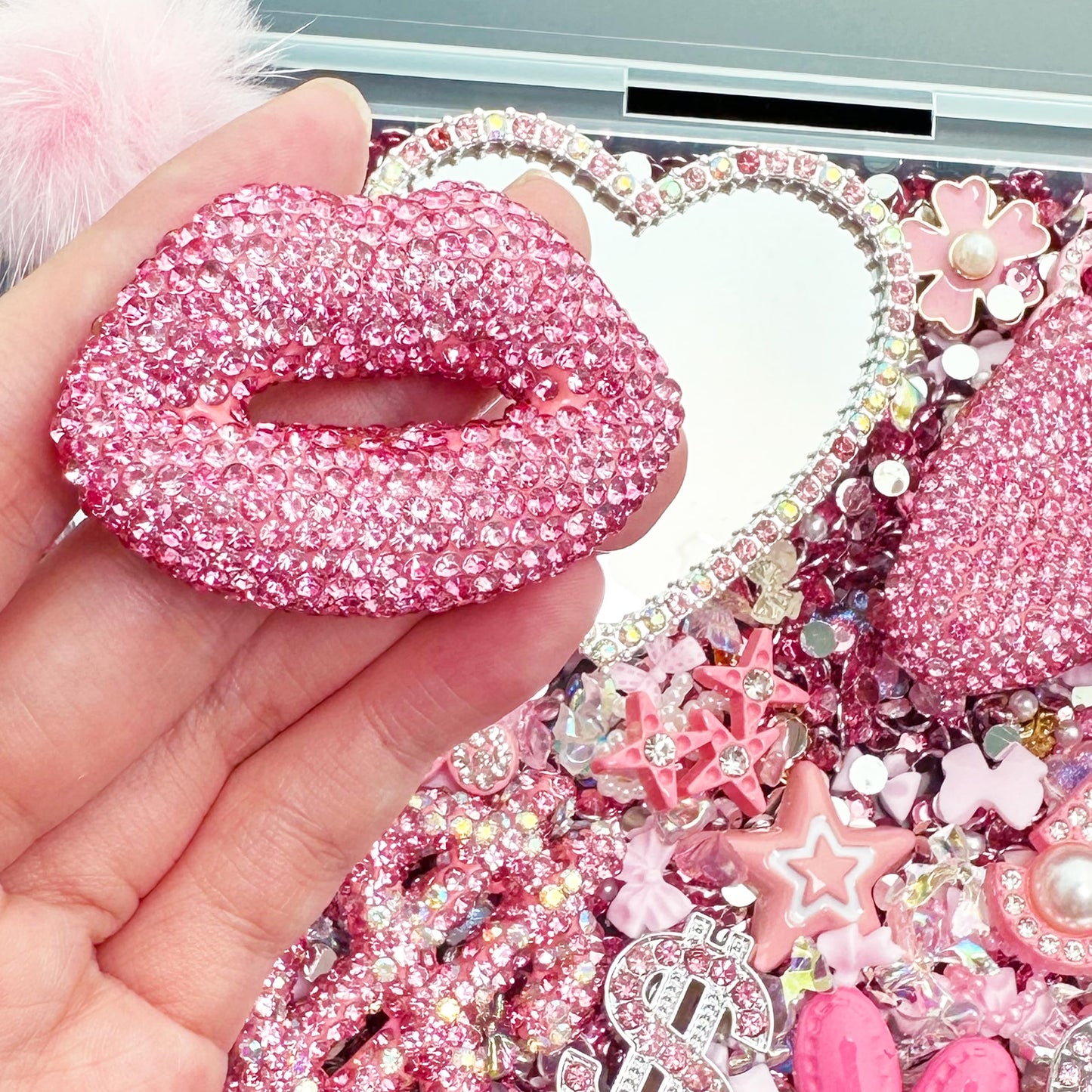 Gehaiwo Pink Junk Case Charms Kit, Junks Phone Cases with Rhinestone Accessories and Full Diamond Bow Lips Dollar Sign Pom Resin Kits Mirror with DIY Phones Decorations