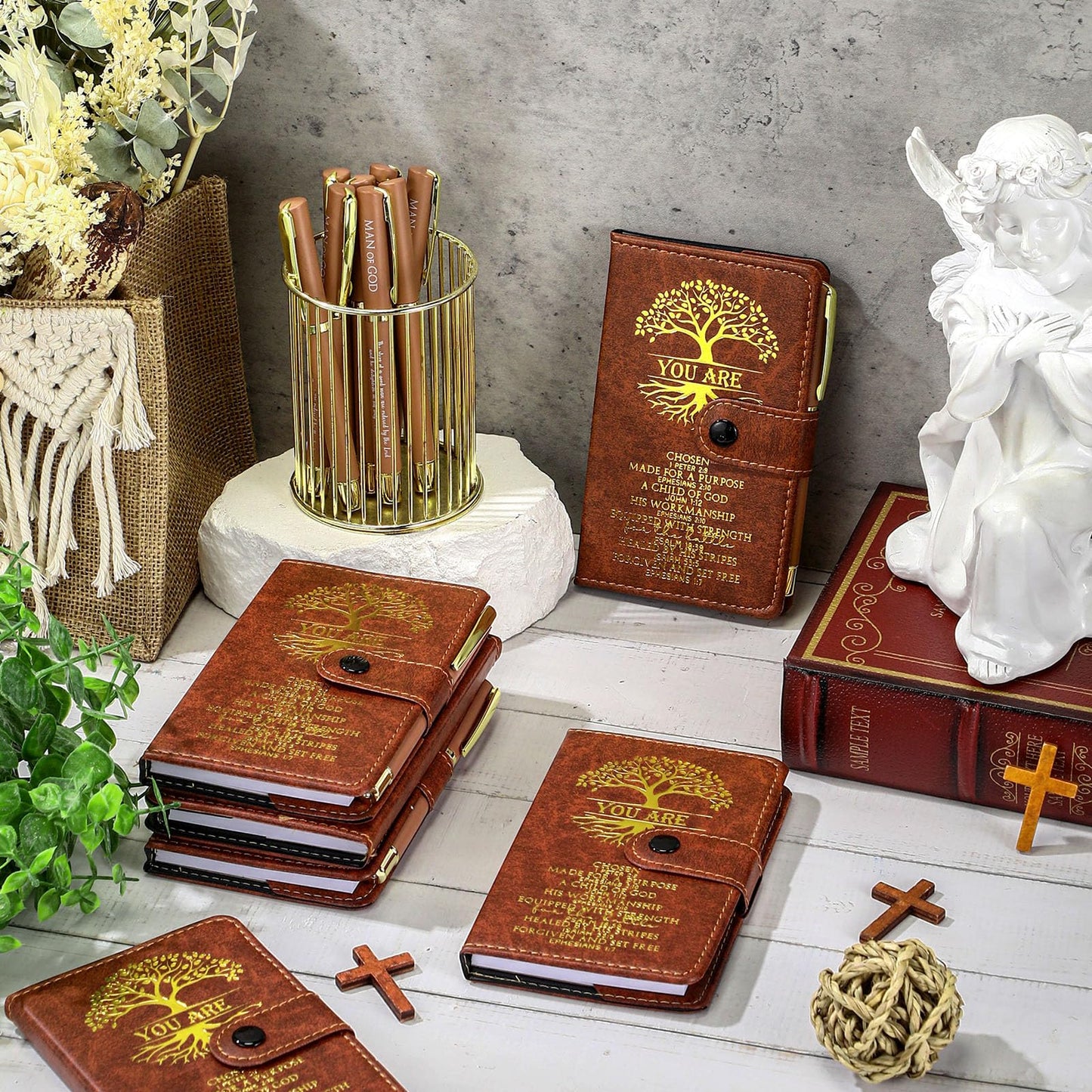 Thenshop 20 Set Christian Gift Man of God Leather Prayer Journal Religious Church Notebook Tree of Life Notepad with Pen Baptism Gift for Pastor Dad Men Women Mothers Fathers Day (Brown)