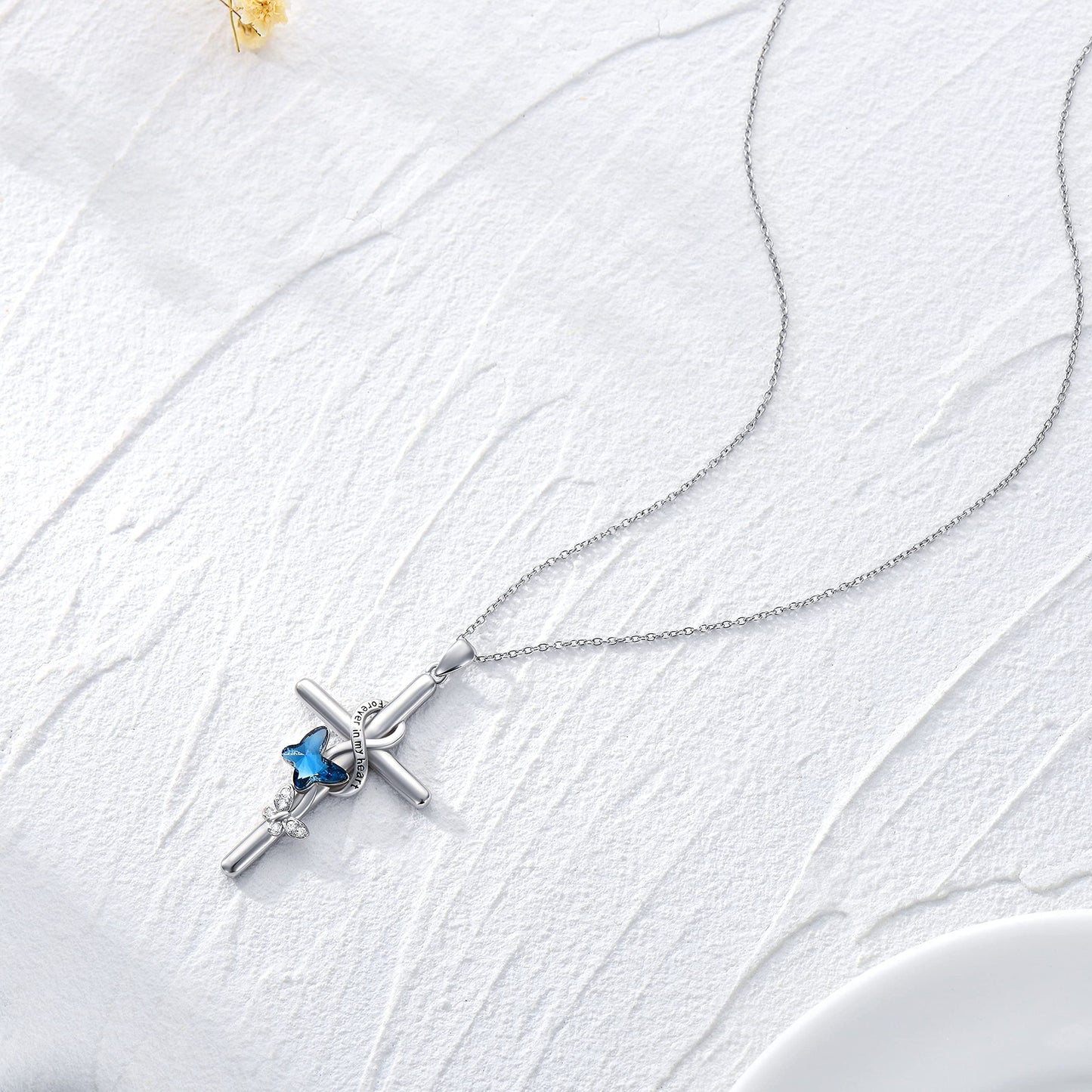 Flpruy Butterfly Cross Necklace 925 Sterling Silver for Women Forever in My Heart Crystal Butterfly Cross Necklace