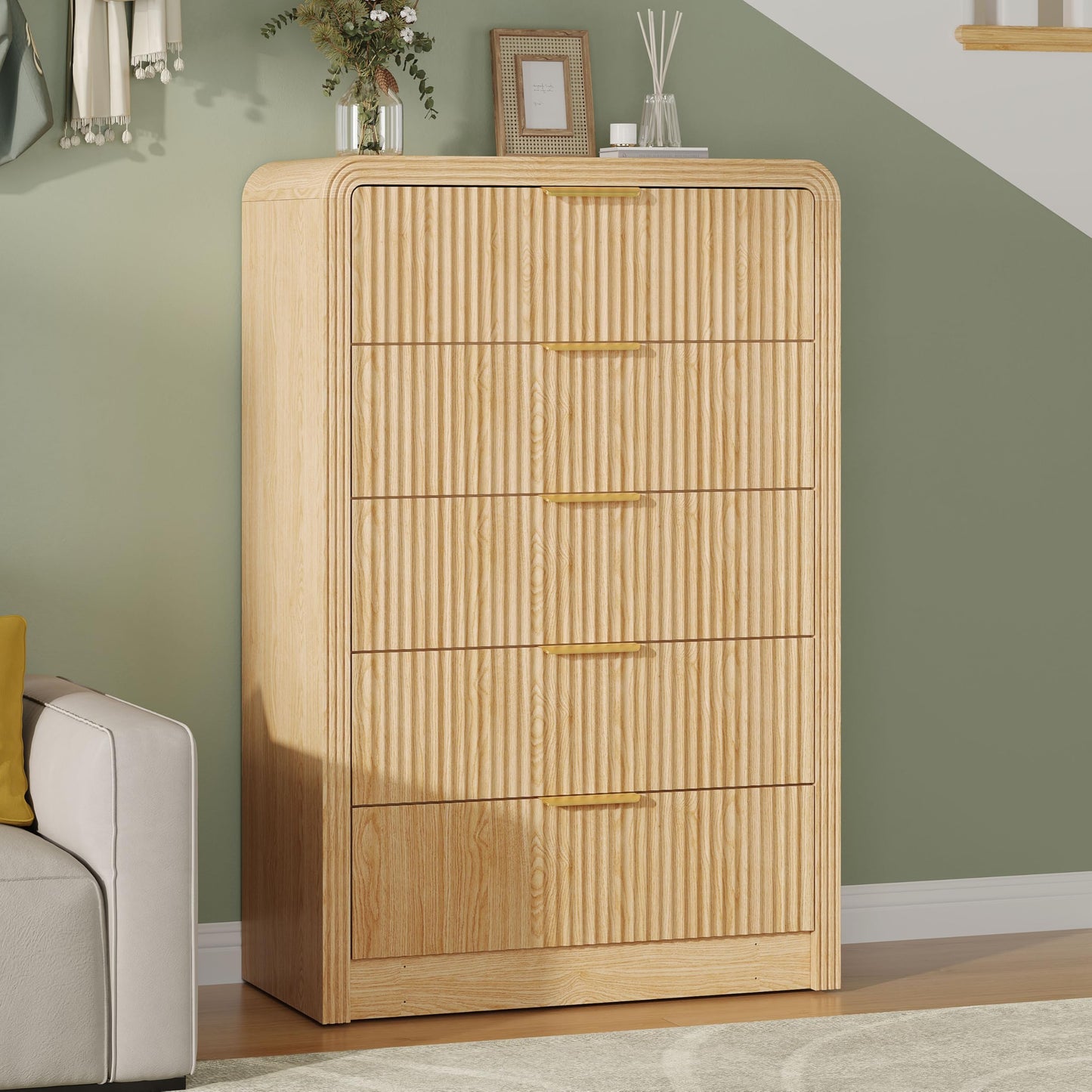 Decofy Fluted 5 Drawers Dresser, 48" Tall Modern Chest of Drawers with Round Edge & Metal Handle, Wood Drawer Organizer for Living Room, Bedroom, Entryway, Hallway (Natural Oak)