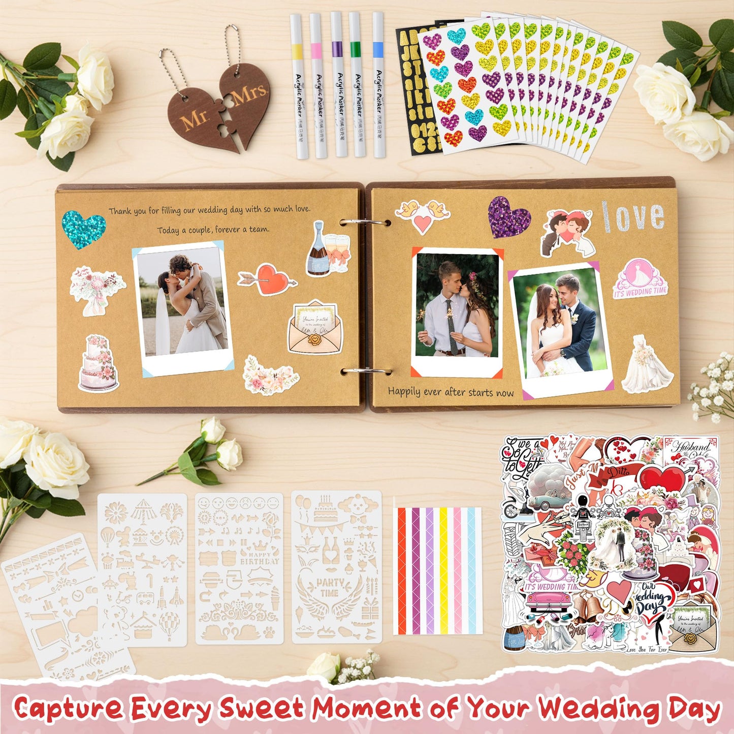 CY2SIDE Our Wedding Scrapbook Album - 111PCS DIY Wooden Memory Photo Book Craft Kit with Stickers Markers Stencils Photo Corner Mr & Mrs Ornament, Picture Journal Gift for Bridal Wedding Anniversary