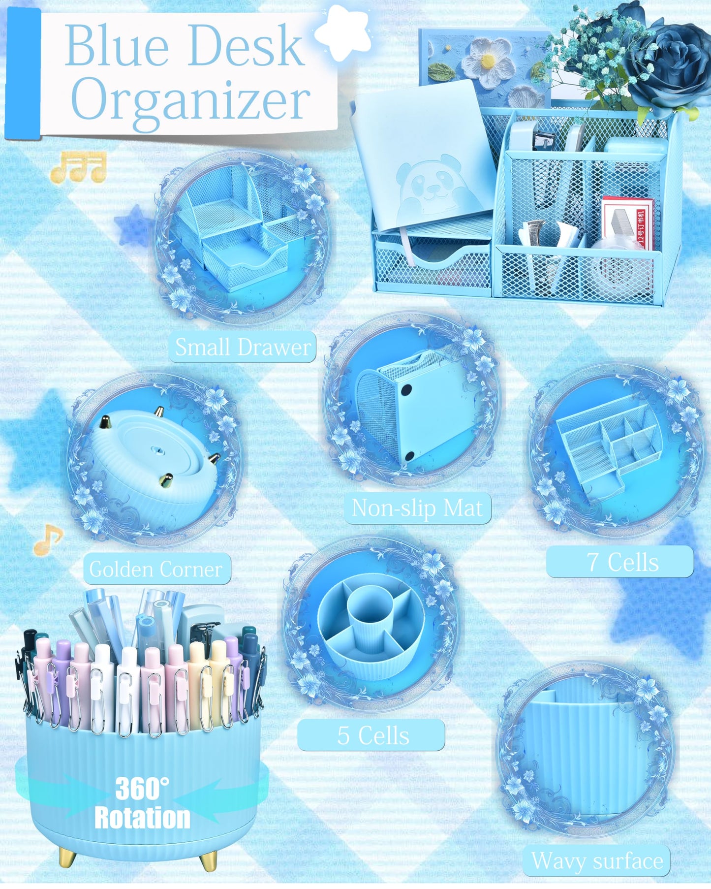 Vamrak Blue Desk Accessories and Organizers with Desk Organizer and 360°Rotating Pen Holder stapler Pen and a Lot of Office Blue Office Supplies Beautifully Presented in a Gift Box