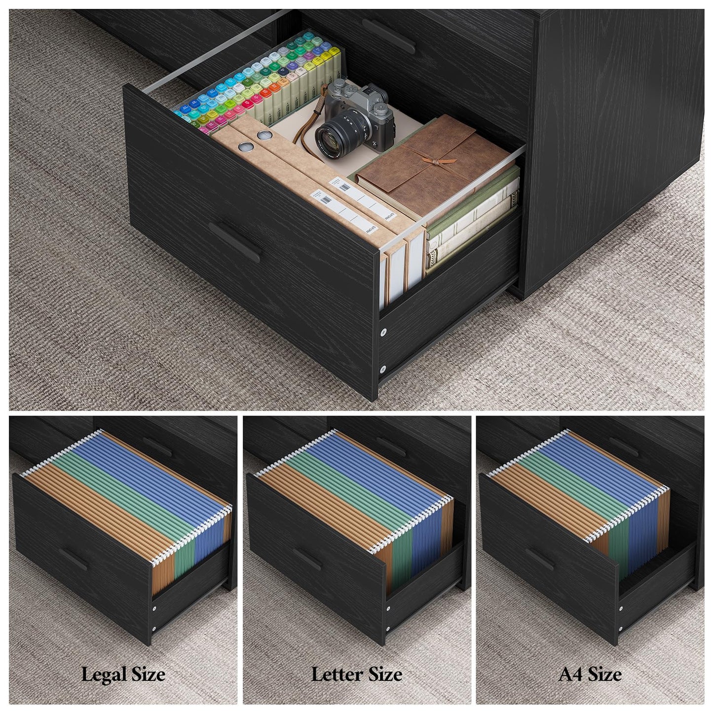 70.3 inch L Shaped Executive Desk with Power Outlets, Large Home Office Desk with Storage Drawers and File Cabinet, Modern Computer Desk with Shelves, Black Business Furniture, Square Metal Legs