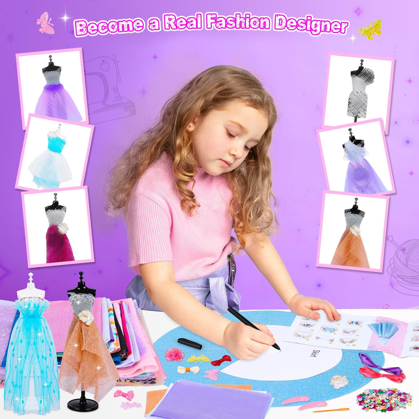 MINIFUN 1500+Pcs Fashion Designer Kit for Girls, Sewing Kit with 7 Mannequins, DIY Arts and Crafts Kit for Kids, Doll Clothes Making Kit, Girl Toys for Age 6 7 8 9 10 11 12 Year Old Gifts