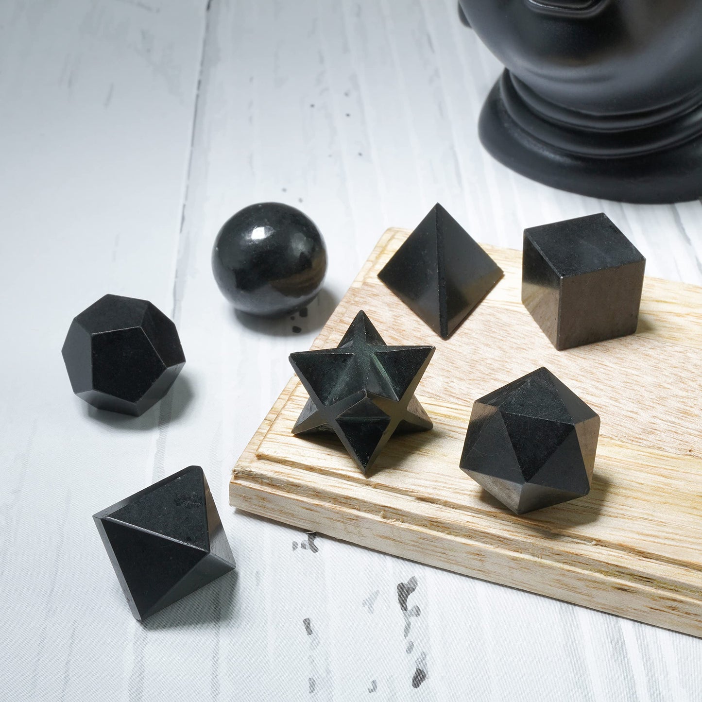 Crocon Black Tourmaline 7Pcs Platonic Solids Crystal Geometry Set, Platonic Solids Sacred Geometric Stones for Meditation Reiki Balancing Healing Chakra Stone Cleansing Spiritual Good Luck (15-20 mm)