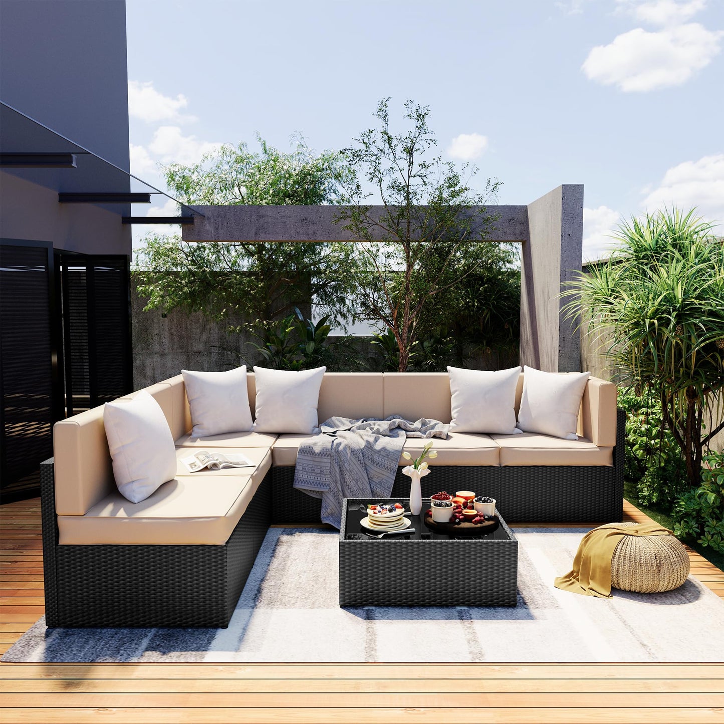 Pamapic 7 Pieces Outdoor Sectional Furniture，Wicker Patio sectional Furniture Sets，All-Weather Rattan Sectional Sofa Conversation Set with Coffee Table and Washable Couch Cushions Covers