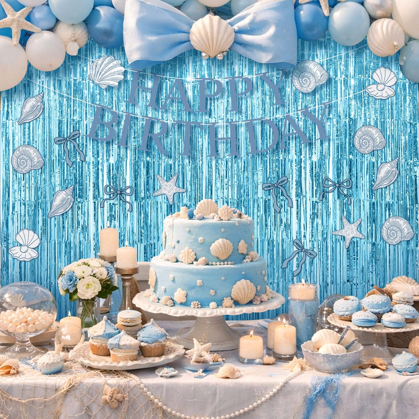 Epakh 39 Pcs Coastal Blue Bow Starfish Seashell Party Decorations Includes 24 Pcs Paper Cards Decor 13 Happy Birthday Banner 2 Foil Fringe Curtain Backdrop for Ocean Photo Prop Party Supplies