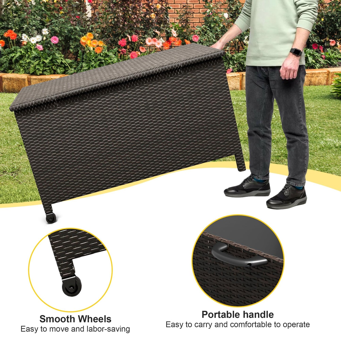 185 Gallon Outdoor Deck Box,Large Storage Bins with Lid, 2 Wheels and Handles, Patio Outdoor Bench with Storage, PE Rattan Wicker Box for Store Garden Tools, Patio Furniture Cushions, Pool Supplies