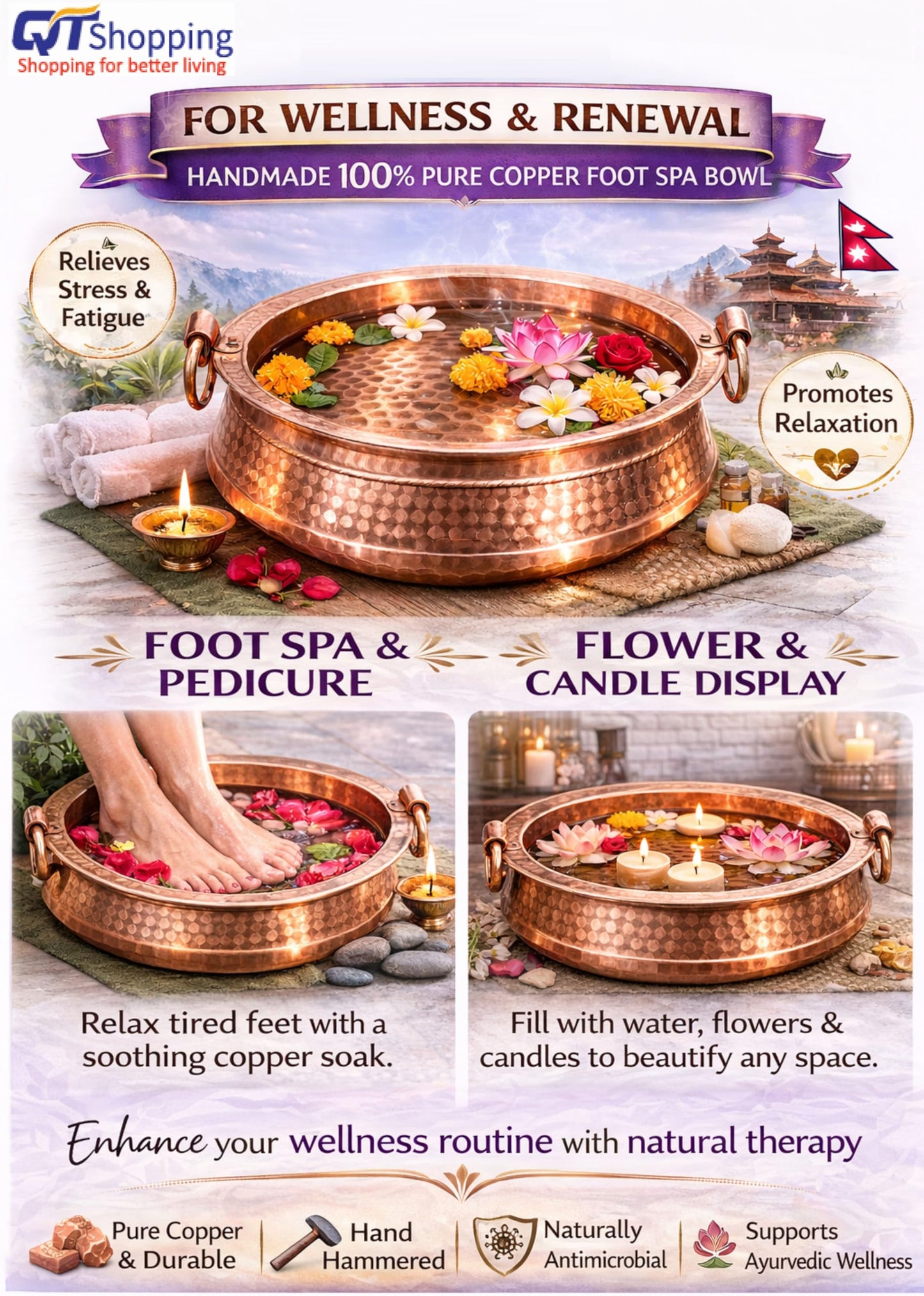 QT Handcarved Pure Copper Nepali Khadkulo – 11"-12" Handmade Foot Spa Bowl | Pedicure Soak Basin, Copper Water & Flower Display Bowl for Pooja, Prayer, Arti, Rituals, Ayurveda & Home Décor